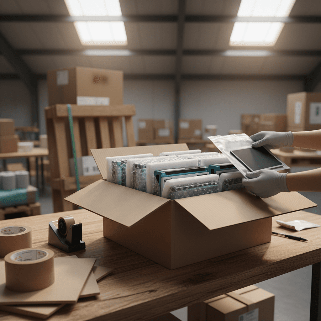 Refurbished devices being packaged for international shipment